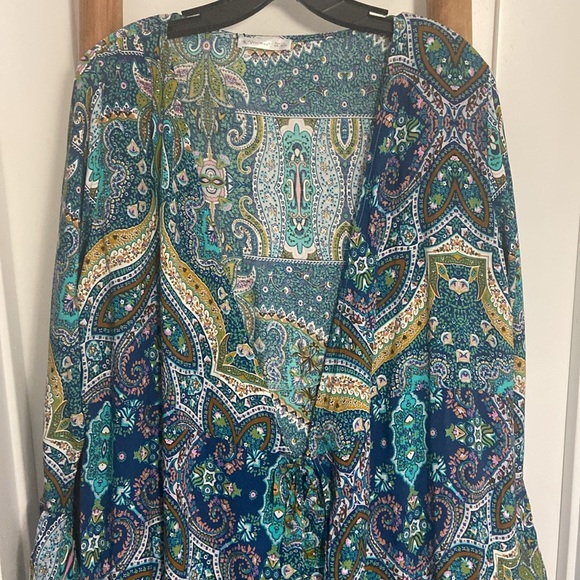 R. VIVIMOS Blue & Chartreuse Paisley Ruffled Maxi Wrap Dress SZ LG (12/14) - Picture 5 of 12